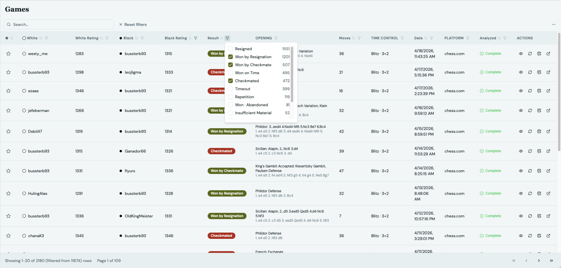 Chess Lens games library: searchable table with opponent, result, opening, and time control filters